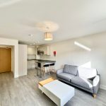 Modern flat with open plan kitchen and living area.