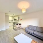 Modern living room with kitchen and grey sofa.