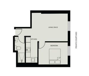 One-bedroom flat layout with courtyard access.