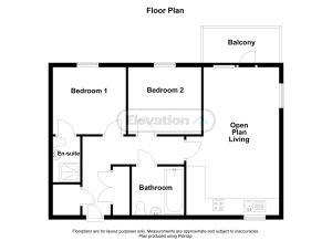 Two-bedroom flat floor plan with balcony.