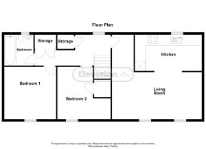 Two-bedroom house floor plan with kitchen and bathroom.