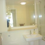 Modern bathroom with sink, mirror, and shower.