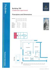 Floorplan of two-bedroom apartment with dimensions.