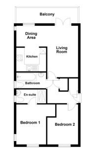 Two-bedroom apartment floor plan with balcony.