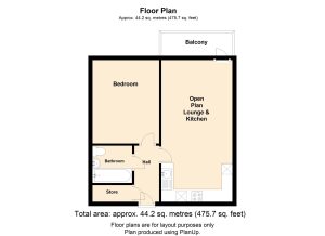 44.2 sq m flat floor plan with balcony.