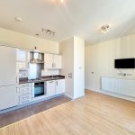 Modern kitchen with wooden flooring and white cabinets
