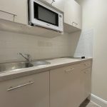 Modern compact kitchen with microwave and sink
