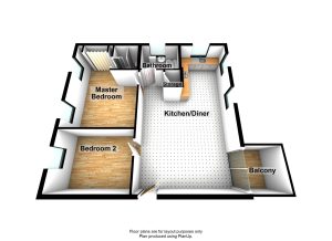 3D floor plan with two bedrooms and balcony.
