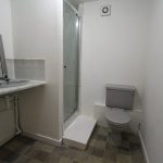 Small bathroom with shower, toilet, and sink.