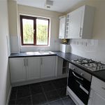 Modern kitchen with white cabinetry and appliances.