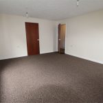 Spacious empty room with carpet and doors.