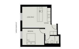 Flat layout: living, kitchen, bedroom, bathroom.
