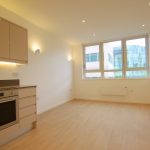 Modern kitchen with oven and large windows.