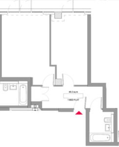 One-bedroom flat floor plan with bathroom layout.