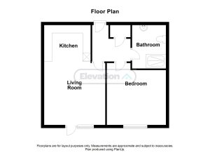 One-bedroom floor plan layout with bathroom and kitchen.