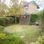 Small garden with shed and house view.