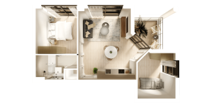 Modern apartment layout with balcony and bedroom.