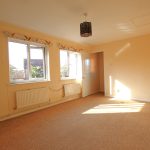 Bright bedroom with beige carpet and two windows.