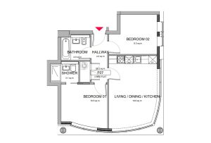 Two-bedroom flat floor plan with dimensions.