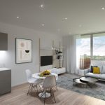 Modern open-plan living room with kitchen.