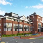 Modern brick office building with large windows