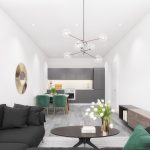 Modern living room with sleek décor and dining area.