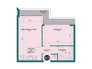 One-bedroom flat floor plan with balcony.
