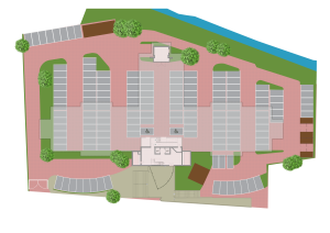 Car park layout with accessible parking spaces marked.