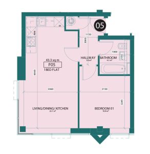 One-bedroom flat floor plan with measurements.