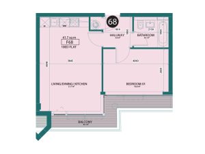 One-bedroom flat floor plan with balcony.