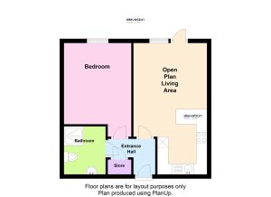 One-bedroom flat floor plan with open living area.