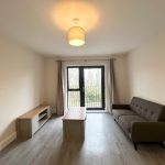 Minimalist living room with grey sofa and window