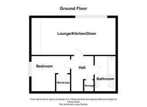 Ground floor layout: bedroom, lounge, kitchen, bathroom.