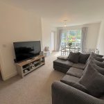 Bright living room with grey sofa and TV