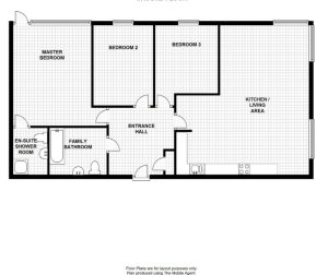 Three-bedroom flat floor plan with en-suite and kitchen.