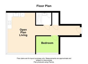 One-bedroom flat floor plan with open plan living.