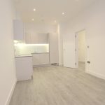Modern kitchen with light wood flooring and cabinets.