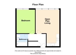 Simple flat with bedroom, bathroom, open plan living area.