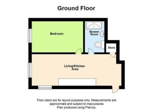 Ground floor layout with bedroom, shower room, kitchen.