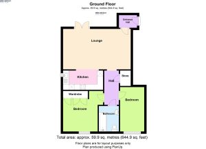 Two-bedroom ground floor flat layout plan.
