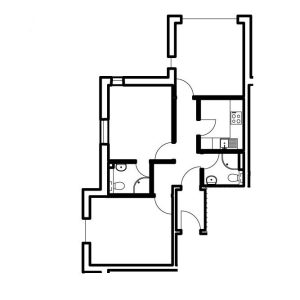 Two-bedroom flat floor plan with kitchen and bathrooms.