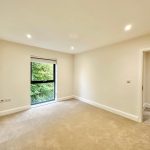 Spacious room with beige carpet and garden view.