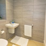 Modern bathroom with sink, plants, and tiled walls.