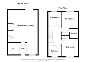 House floor plan with three bedrooms, two bathrooms.