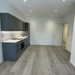 Modern kitchen with grey cabinets and wood floor.
