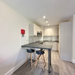 Modern kitchen with breakfast bar and stools.