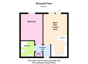 Ground floor plan with bedroom, bathroom, living area.