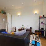 Modern living room with kitchen and sofa
