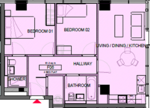 Two-bedroom flat floor plan with kitchen and bathroom.