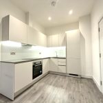 Modern white kitchen with sleek cabinets and appliances.